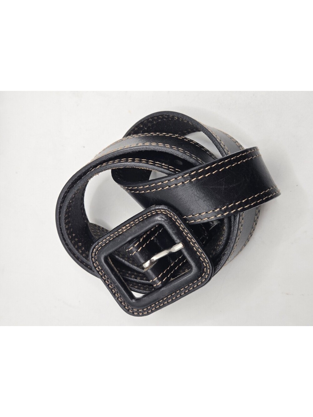 Vtg Banana Republic Black Leather Belt 34 Double Contrast Stitch Wrapped Buckle